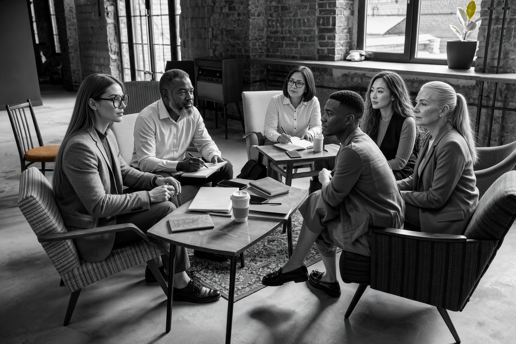A group listening to each other around low tables